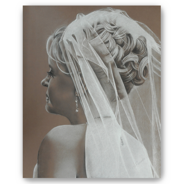 The Bride, charcoal/pastel portrait drawing on toned paper, fine art print, a rear three-quarter view of a bride with a veil, Heidi Rounds