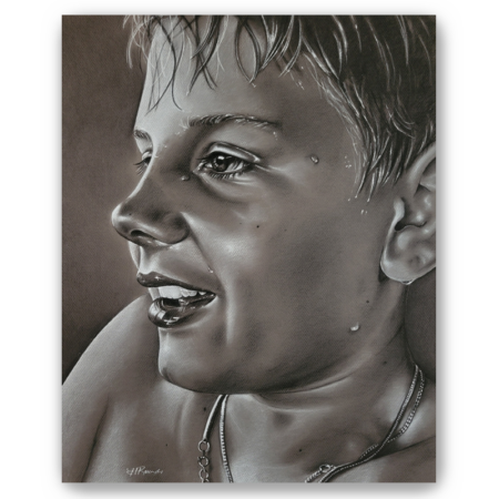 The Dare, charcoal/pastel portrait drawing on toned paper, fine art print, a boy dripping wet after a dare, Heidi Rounds