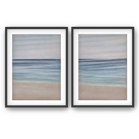 Abstract Oceans, two pastel abstract drawings on toned paper, fine art prints in black frames with white mats, a beach and ocean, Heidi Rounds