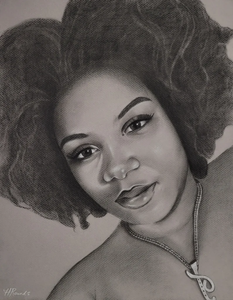Commissioned Portrait Drawing of a Woman in a Neckless, 12x15 in, charcoal/pastel on toned paper, a woman in a neckless by Heidi Rounds
