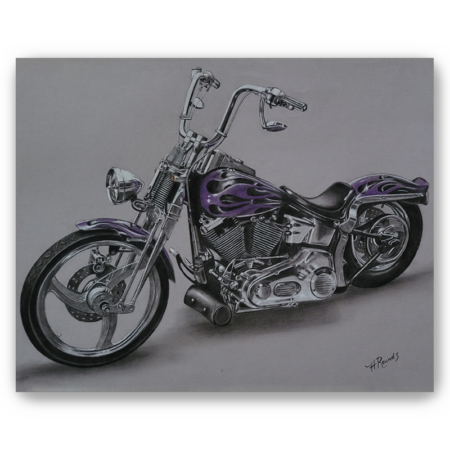 Purple Harley Davidson, charcoal/pastel drawing on toned paper, fine art print, a purple custom Harley Davidson motorcycle, Heidi Rounds