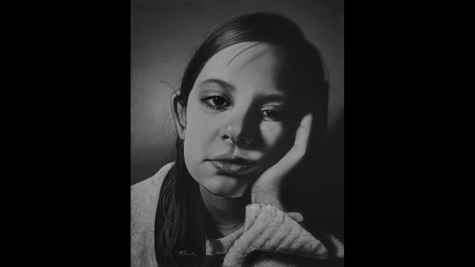 "Waiting...", charcoal/pastel drawing on toned paper, 12"x15", portrait of a girl waiting with her head resting on her hand YouTube thumbnail, Heidi Rounds