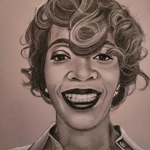 Commissioned Portrait Drawing of a Beautiful Lady with Amazing Hair, 8x10 in charcoal/pastel on toned paper, drawing of a beautiful lady with a big smile and amazing hair by Heidi Rounds.