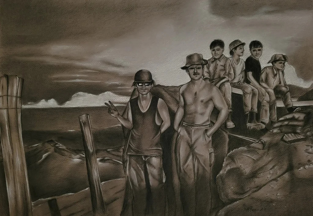 Commissioned Vietnam Era Portrait Drawing, 18x25 in charcoal/pastel on toned paper, drawing of two American Soldiers, one holding a peace sign with four children on the Vietman-Cambodian border by Heidi Rounds.