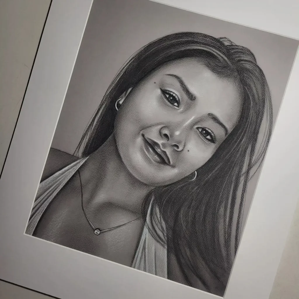 Commissioned Portrait Drawing of a Beautiful Young Woman, 12x15 in charcoal/pastel on toned paper, drawing of a beautiful young woman, Heidi Rounds.