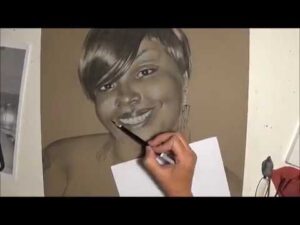 Photorealistic Portrait Drawing of a Woman With Earrings, YouTube Thumbnail by Heidi Rounds.
