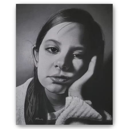 "Waiting..." charcoal/pastel portrait drawing on toned paper by Heidi Rounds. Fine art print. A young girl waiting with her head resting on her hand.