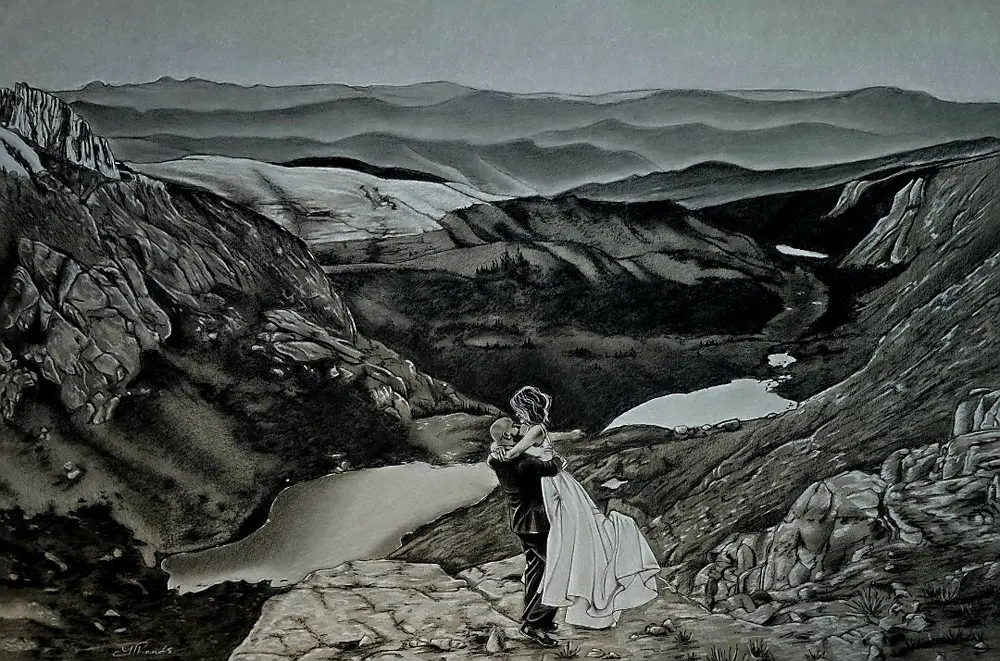 Commissioned Portrait Drawing of a Couple on Their Wedding Day in the Mountains. 20 in x30 in charcoal/pastel portrait drawing on toned paper by Heidi Rounds. A man in a suit embracing a woman in a wedding dress against a backdrop of a beautiful mountain scene.