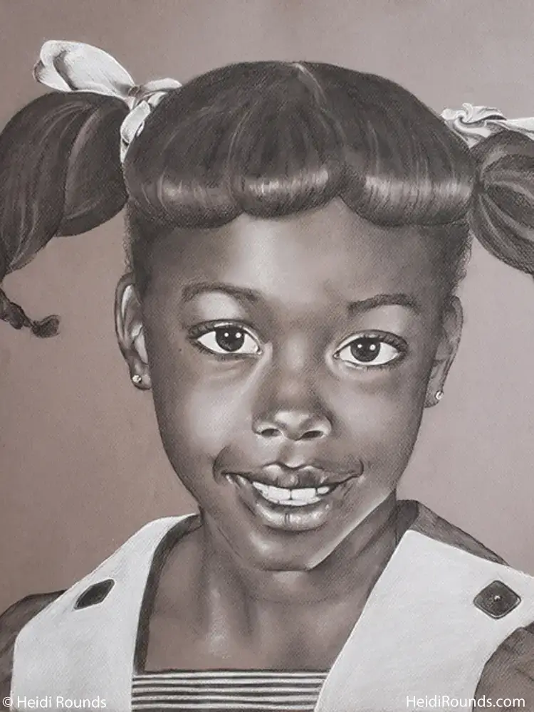 "Commissioned Portrait Drawing of a Young Girl" 16"x20" charcoal/pastel portrait drawing on toned paper by Heidi Rounds. A young girl with pigtails.