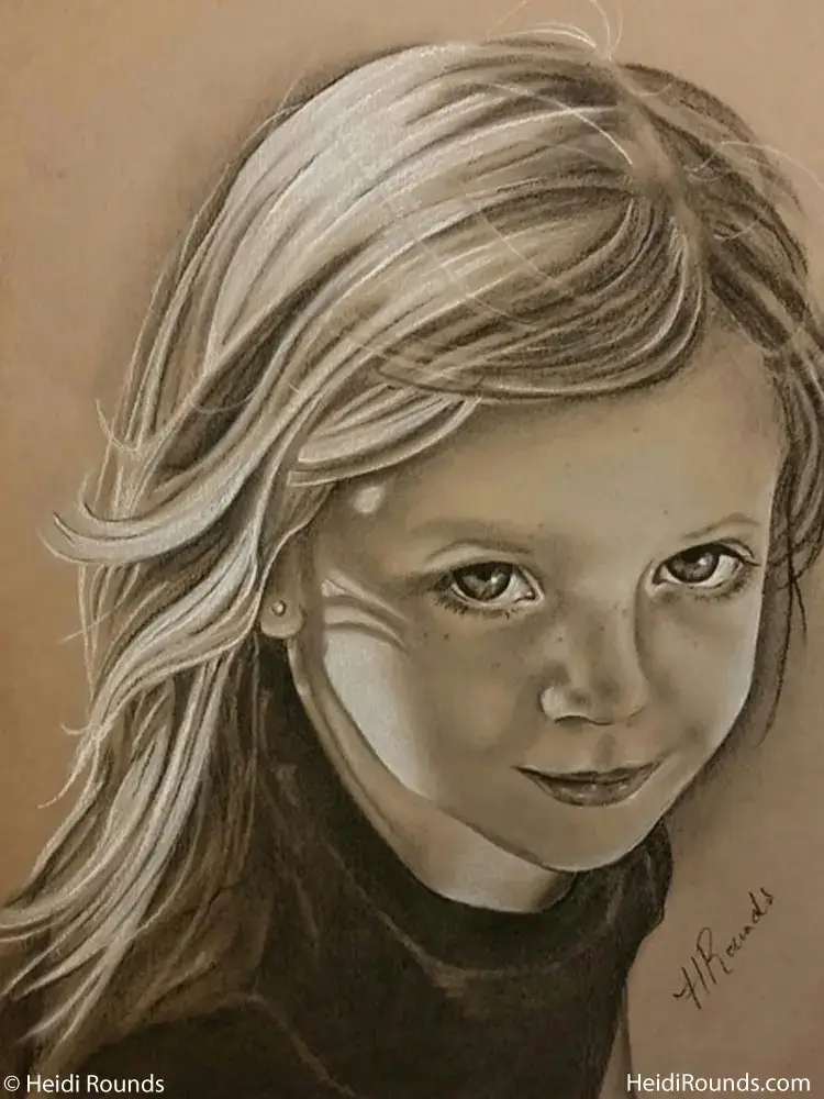 "Commissioned Portrait Drawing of a Little Girl" 8"x10" charcoal/pastel portrait drawing on toned paper by Heidi Rounds. A pretty little girl looking up and smiling.