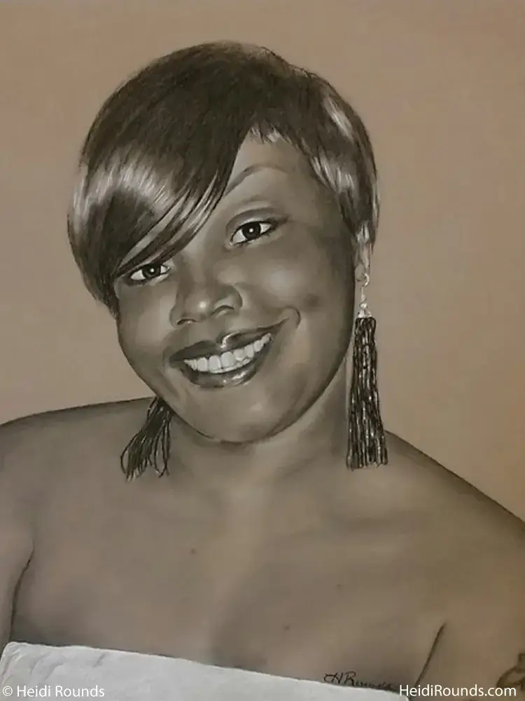 "Commissioned Portrait Drawing of a Woman With Earrings" 18"x22" charcoal/pastel portrait drawing on toned paper by Heidi Rounds. A woman with earrings.