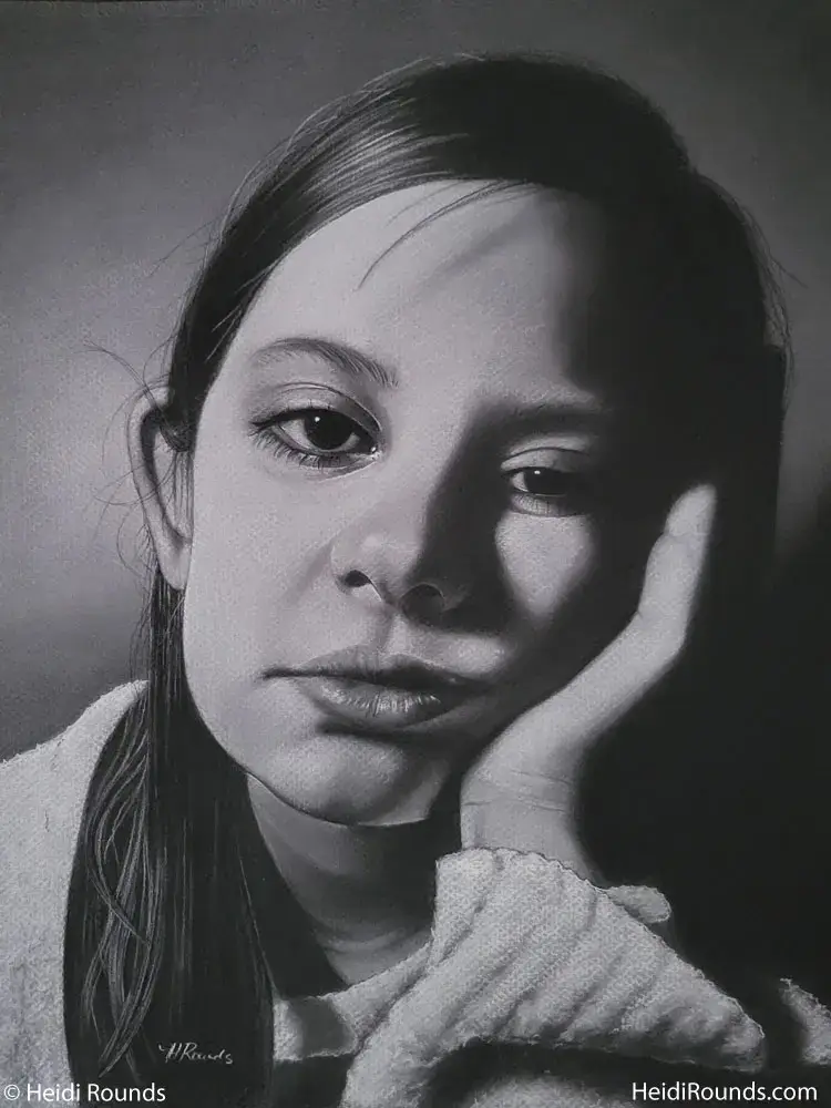 "Waiting..." charcoal/pastel portrait drawing on toned paper by Heidi Rounds. Fine art print. A young girl waiting with her head resting on her hand.