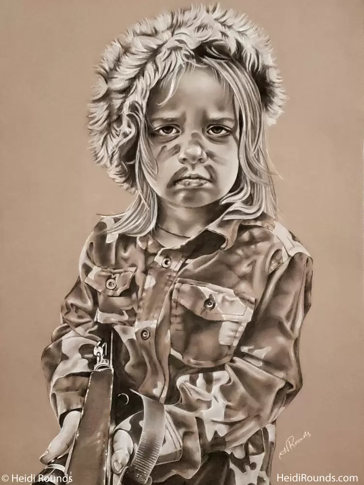 New America, charcoal/pastel portrait drawing on toned paper, a little girl in camouflage holding a gun, Heidi Rounds