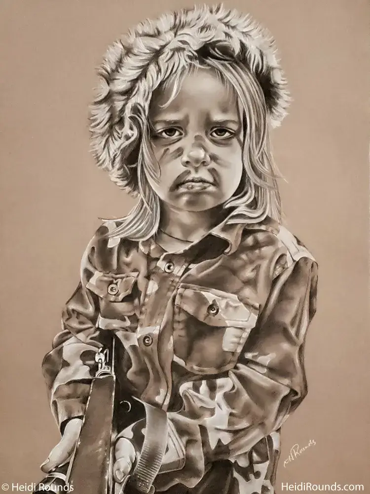 "New America" 18"x24.75" charcoal/pastel portrait drawing on toned paper by Heidi Rounds. a little girl in camouflage with a gun.