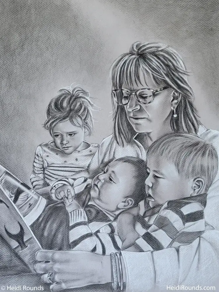 "Commissioned Portrait Drawing of a Grandmother and her Grandchildren" 16"x20" charcoal/pastel portrait drawing on toned paper by Heidi Rounds. A grandmother reading to her three grandchildren.