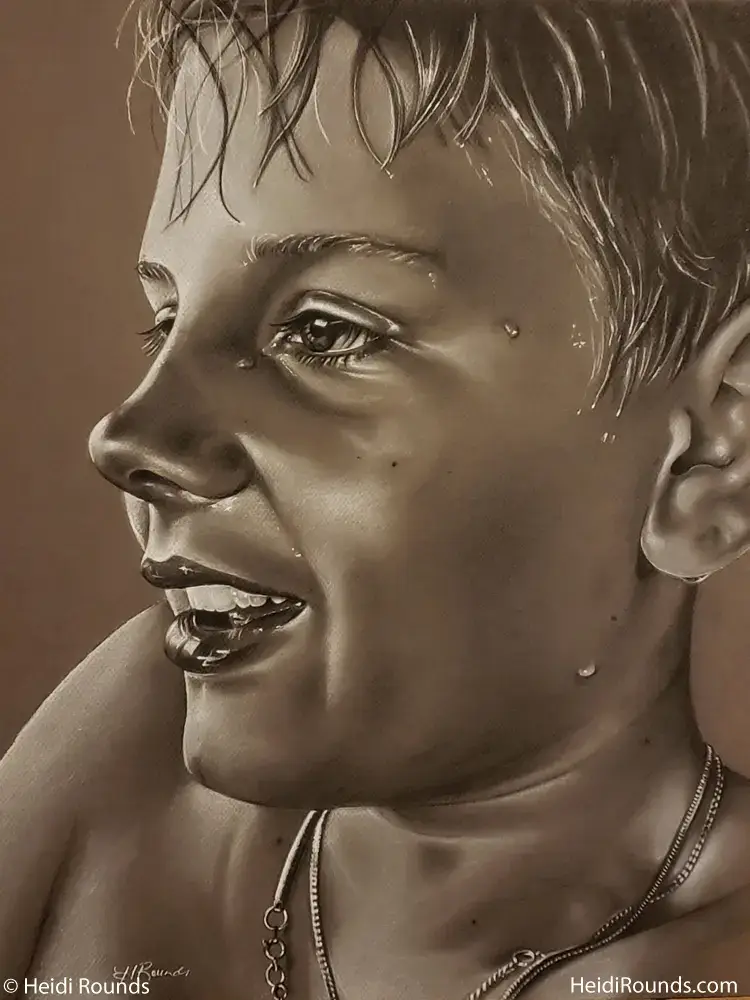 "The Dare" 18"x24" charcoal/pastel portrait drawing on toned paper by Heidi Rounds. A boy dripping wet after a dare.