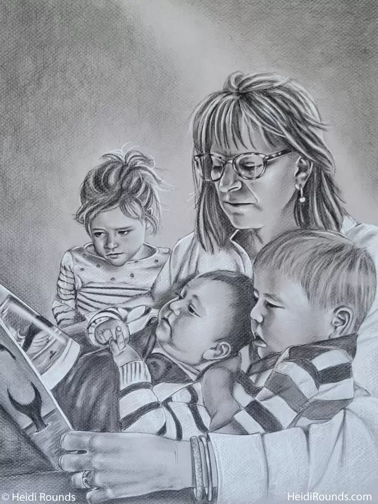 Commissioned portrait drawing, charcoal/pastel on toned paper, grandmother reading to her three grandchildren, Heidi Rounds