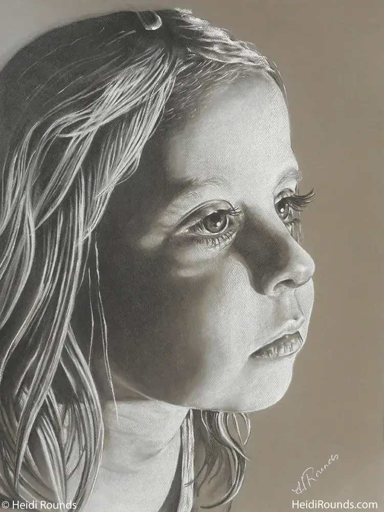 "Into the Light" 18"x24" charcoal/pastel portrait drawing on toned paper by Heidi Rounds. A little girl looking into the light.